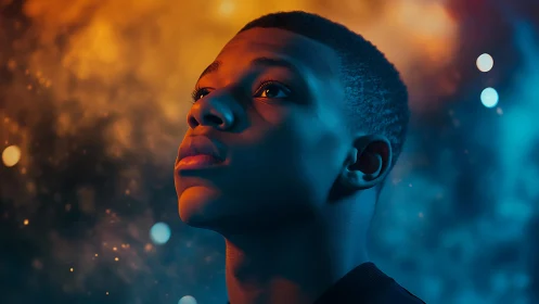 Young man gazes upward under vivid blue and orange light