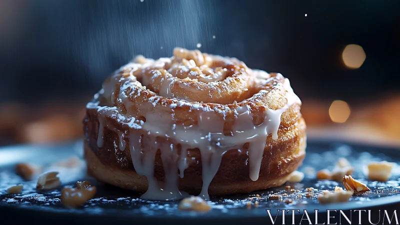 Glazed Cinnamon Roll with Powdered Sugar on Dark Surface