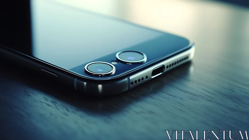 Sleek twin‑lens smartphone lounging on polished desk edge.