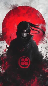 Stoic anime warrior framed by a blazing crimson sun.