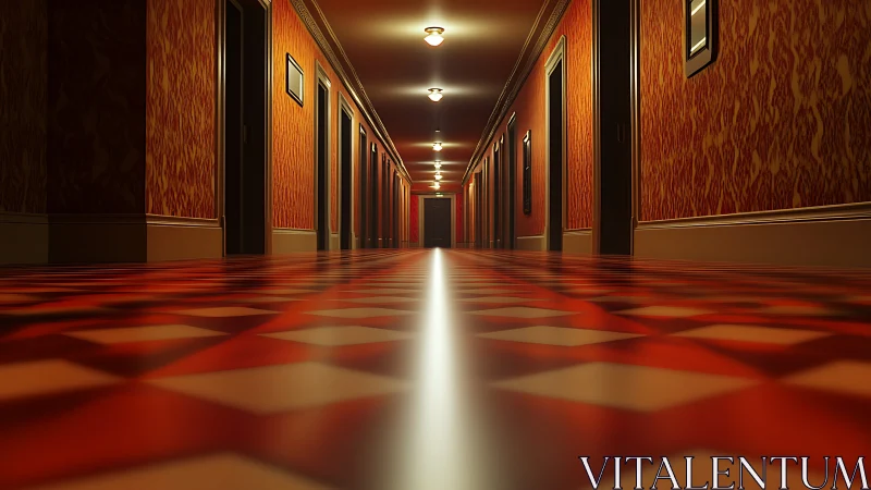 Endless red hotel corridor with glowing geometric floor.