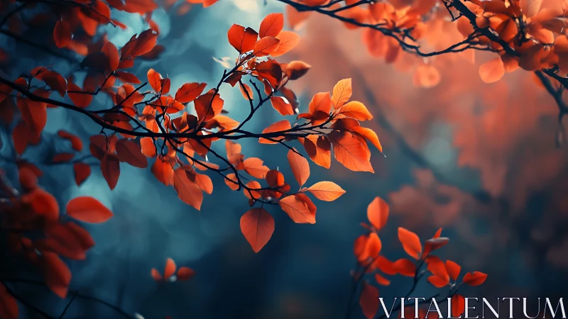Vibrant Red Autumn Leaves on Branches in Dreamy Soft Focus.