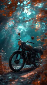 Vintage motorcycle on forest trail under cyan-orange volumetric light
