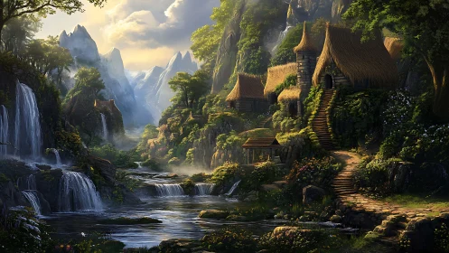 Storybook riverside village glowing in soft mountain light.