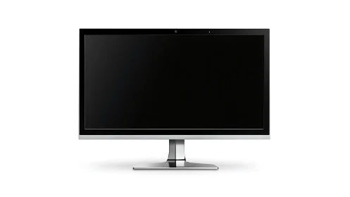 Sleek widescreen computer monitor stands on silver base.