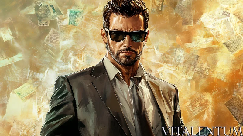 Money-lit skyline crowns the suited fixer in sharp silence