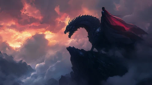 Armored rider and dragon silhouette dominate a storm-lit sky