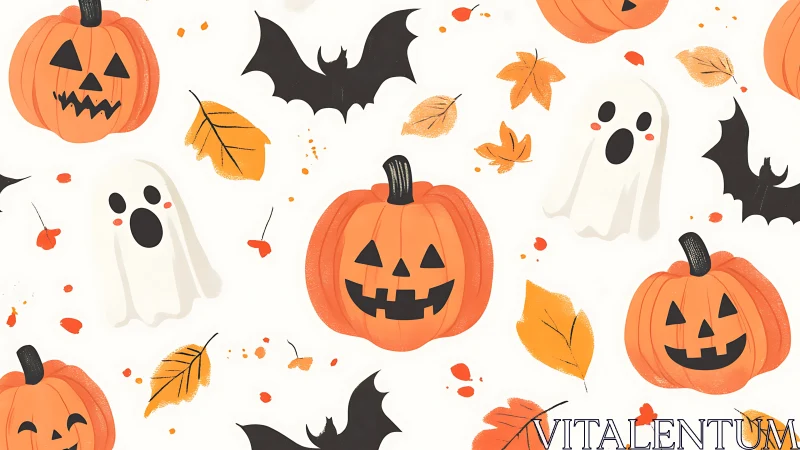 Playful jack-o&rsquo;-lanterns, ghosts, and bats in autumn fun.