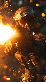 Armored sci fi soldier firing weapon in fiery combat scene.