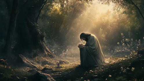 Solitary robed figure kneels in radiant forest prayer scene.