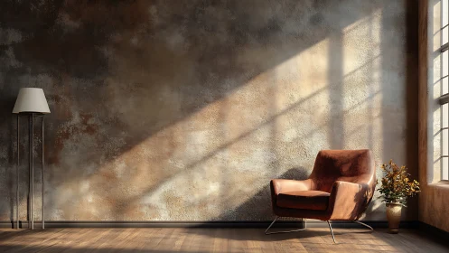 Sunlit leather armchair rests in a warm minimalist corner.