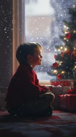Child gazing at illuminated Christmas tree beside snowy window