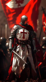 Crusader knight in red-cross armor before battle standard.