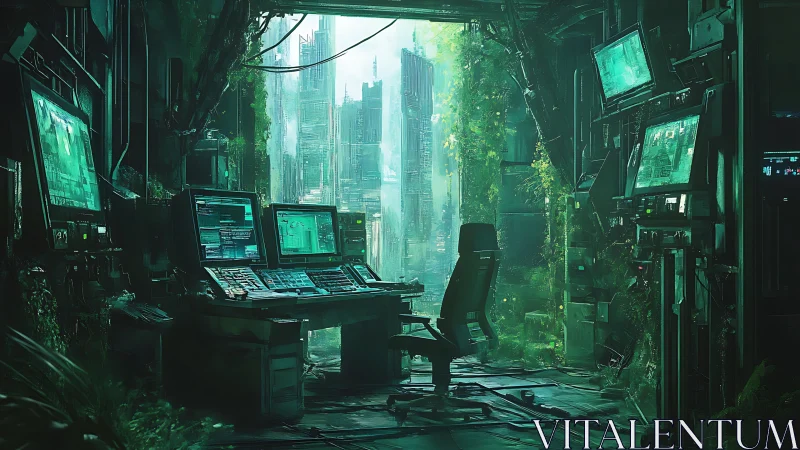 Abandoned cybernetic control hub overgrown by dense urban vegetation
