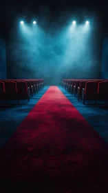 Empty theater aisle with red carpet under blue stage lights.