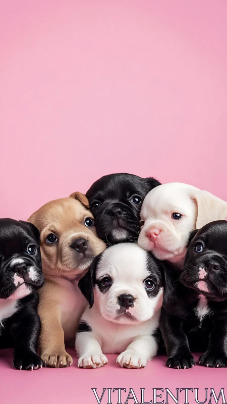 Clustered bulldog puppies pose against uniform pink backdrop