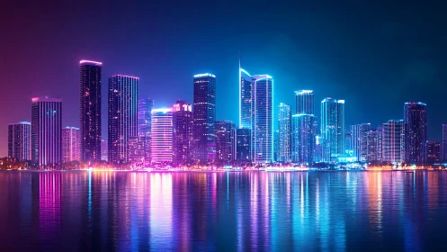 Neon lit futuristic city skyline reflected on calm water.