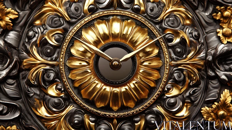 Ornate Baroque Clock Face with Gold and Black Details.