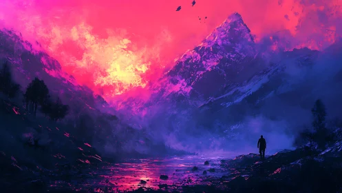 Lone wanderer under neon pink mountains at cosmic dusk.