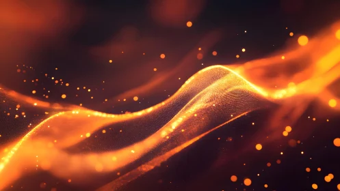 Glowing Abstract Orange Wave with Floating Light Particles, Digital Art.