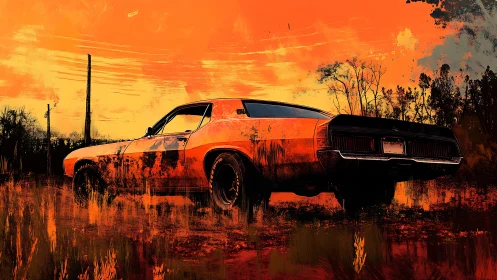 Oxidized muscle coupe rendered in incendiary sunset palette.