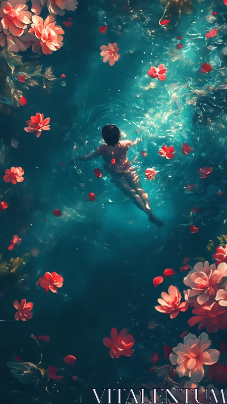 Soft morning swim drifts through petals on glowing water