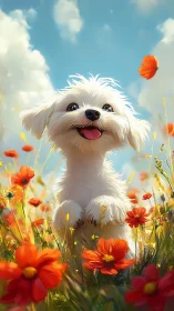 Whimsical puppy portrait in painterly wildflower meadow vertical.
