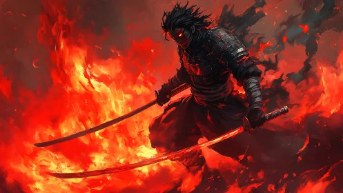 Blade-wreathed fire ronin strides through a storm of embers.