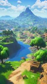 Sunlit game valley leads toward a distant emerald mountain