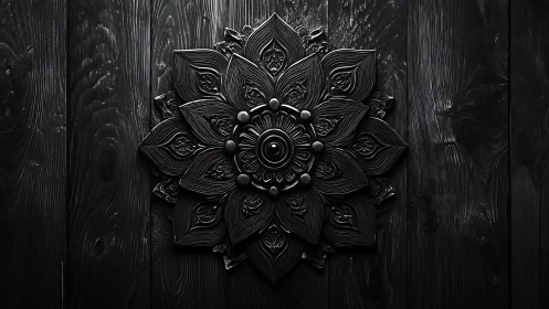 Black carved mandala relief rests on textured wooden wall