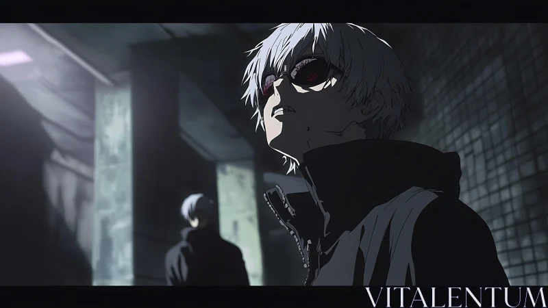 White haired anime character stares upward in dark corridor