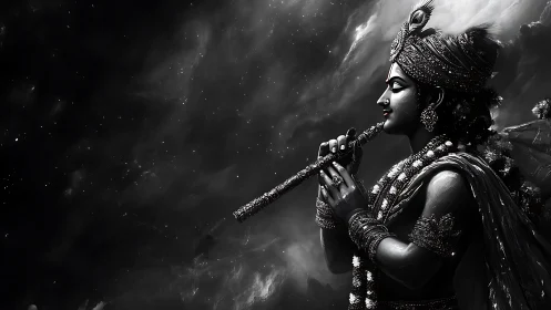 Divine flute player in ornate attire against starry sky.