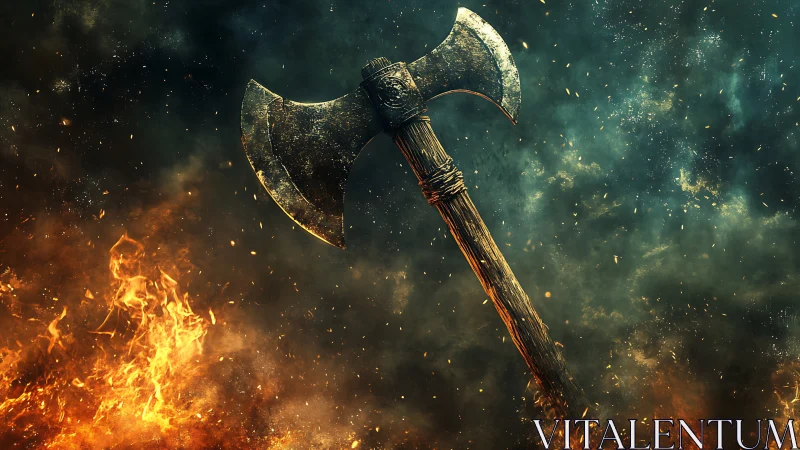 Battle-worn double-headed axe rises through surrounding flames