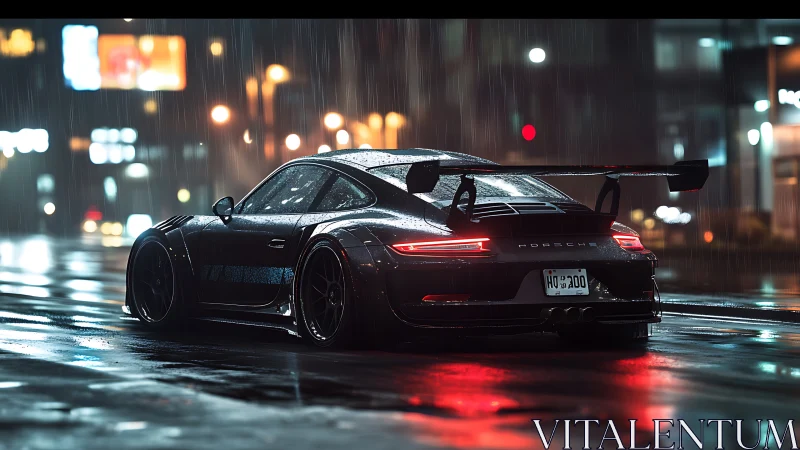 Aerodynamic Porsche GT sports coupe under neon urban rainscape.