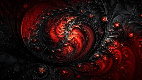 Fractal red and black swirling pattern with glowing nodes.