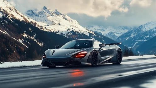Carbon fiber supercar on wet alpine pass under winter dusk sky