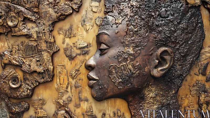 Textured bronze relief profile integrates facial form and eroded topography