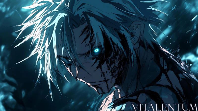 Battle-scarred anime warrior glows with fierce blue power.