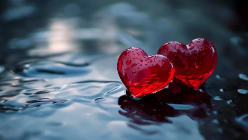 Red Glass Hearts on Wet Surface.