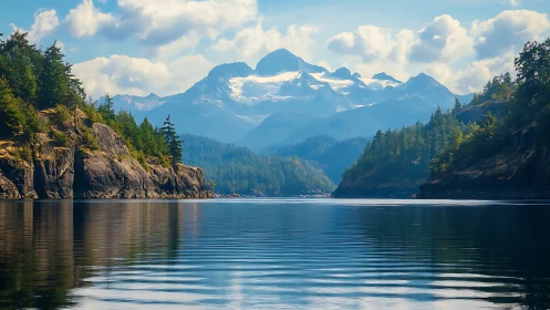 Snowcapped mountain rises above calm forested lake inlet