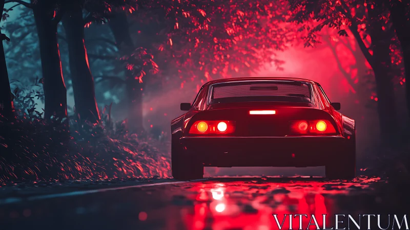 Retro sports car under neon red forest backlighting.