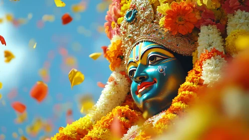 Radiant festival deity crowned in marigolds and bright sky.