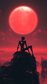 Cyborg silhouette under large red moon above cityscape.