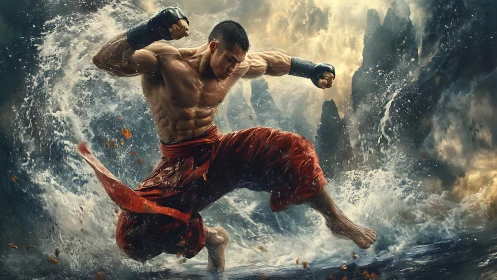 Martial artist executes dynamic kick amid explosive waves