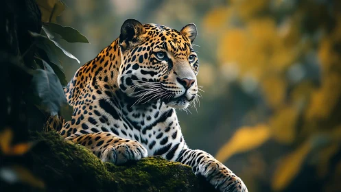 Jaguar resting on mossy jungle ledge in soft golden light.