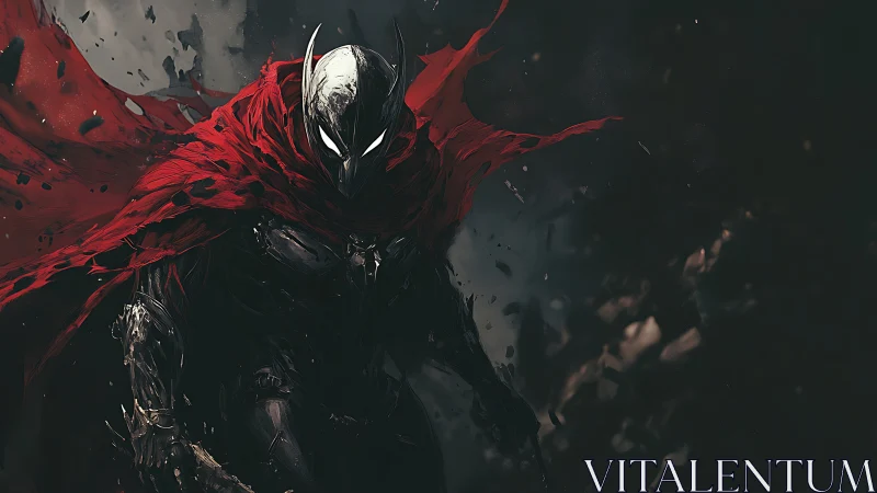 Armored dark sentinel with torn red cape in motion.