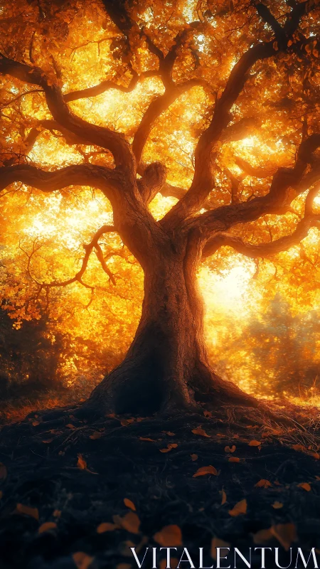 Golden autumn tree glowing with soft sunset light.