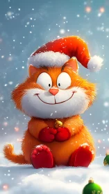 Snow-puffed Santa kitten grinning through the Christmas flurries.