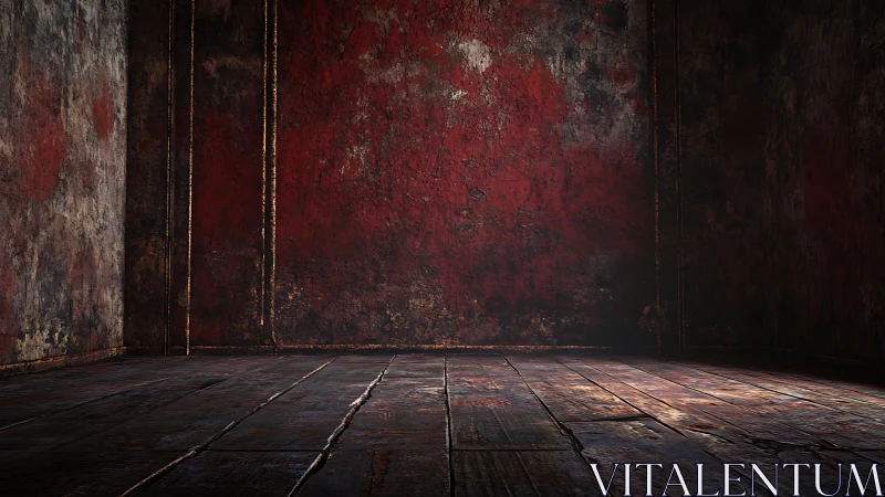 Rust-blooded corner chamber with scarred wooden floor drama.