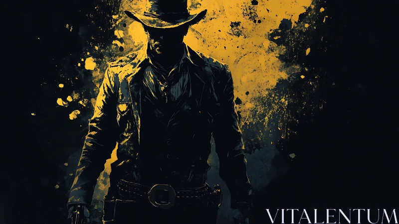 Silhouetted cowboy gunslinger against bold yellow splatter.